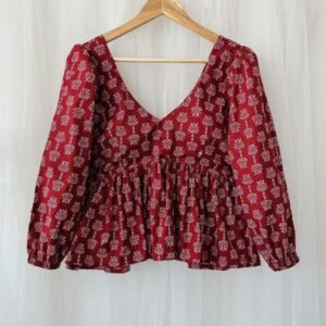 Maroon Handblock Printed Cotton Peplum Kurti