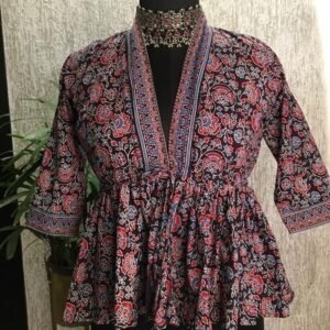 Handblock Printed Peplum Wrap Kurti – Indigo Red Floral