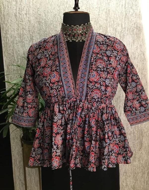 Handblock Printed Peplum Wrap Kurti – Indigo Red Floral