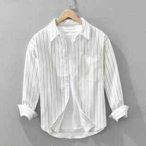 Men’s White Cotton Shirt with Thin Black Stripes