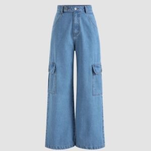 Women's High-Waist Wide Leg Cargo Jeans – Light Blue