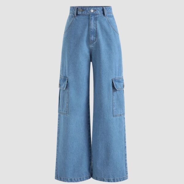 Women's High-Waist Wide Leg Cargo Jeans – Light Blue