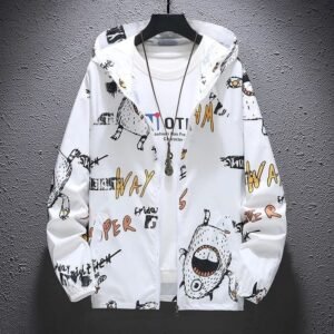 White Graphic Printed Windbreaker Jacket