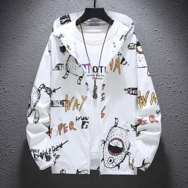 White Graphic Printed Windbreaker Jacket