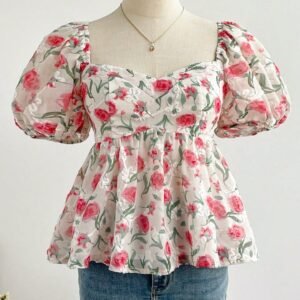 Floral Puff Sleeve Peplum Top